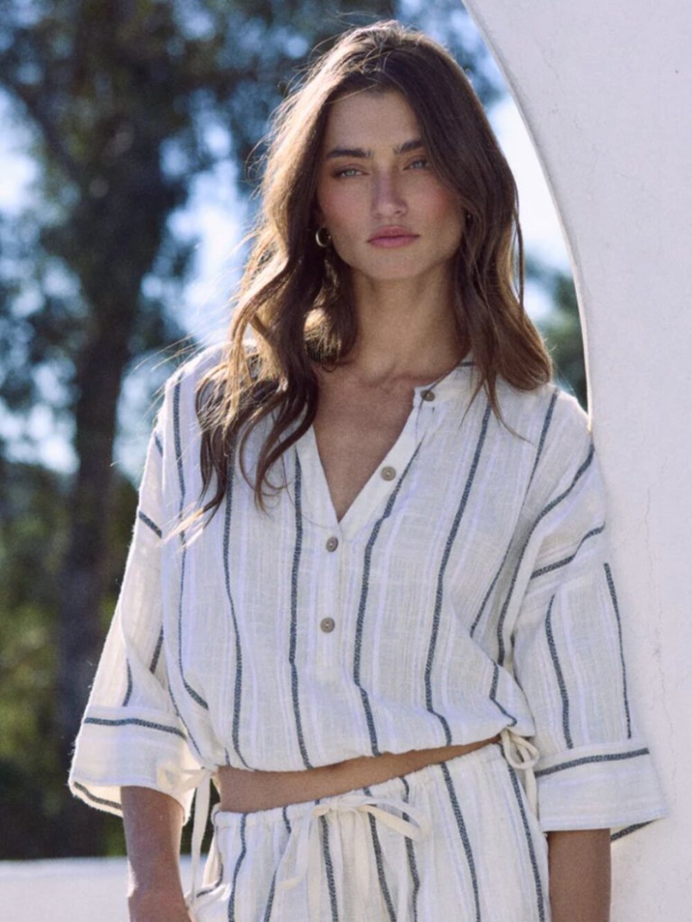 BRAND NEW VINTAGE HAVANA Button Front Short Sleeve Top - Khaki Stripe